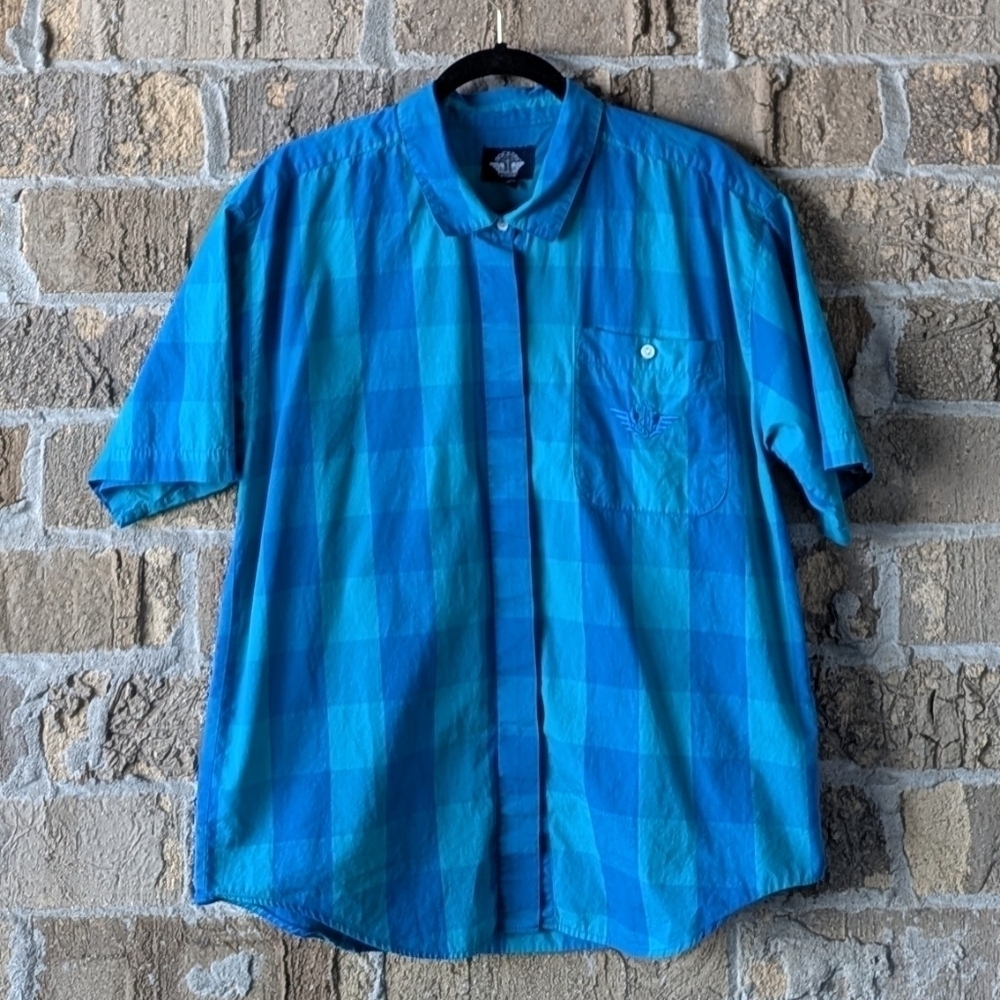 VTG 80s Dockers 100% Cotton Preppy Plaid Short Sleeve Shirt Large Blue Aqua